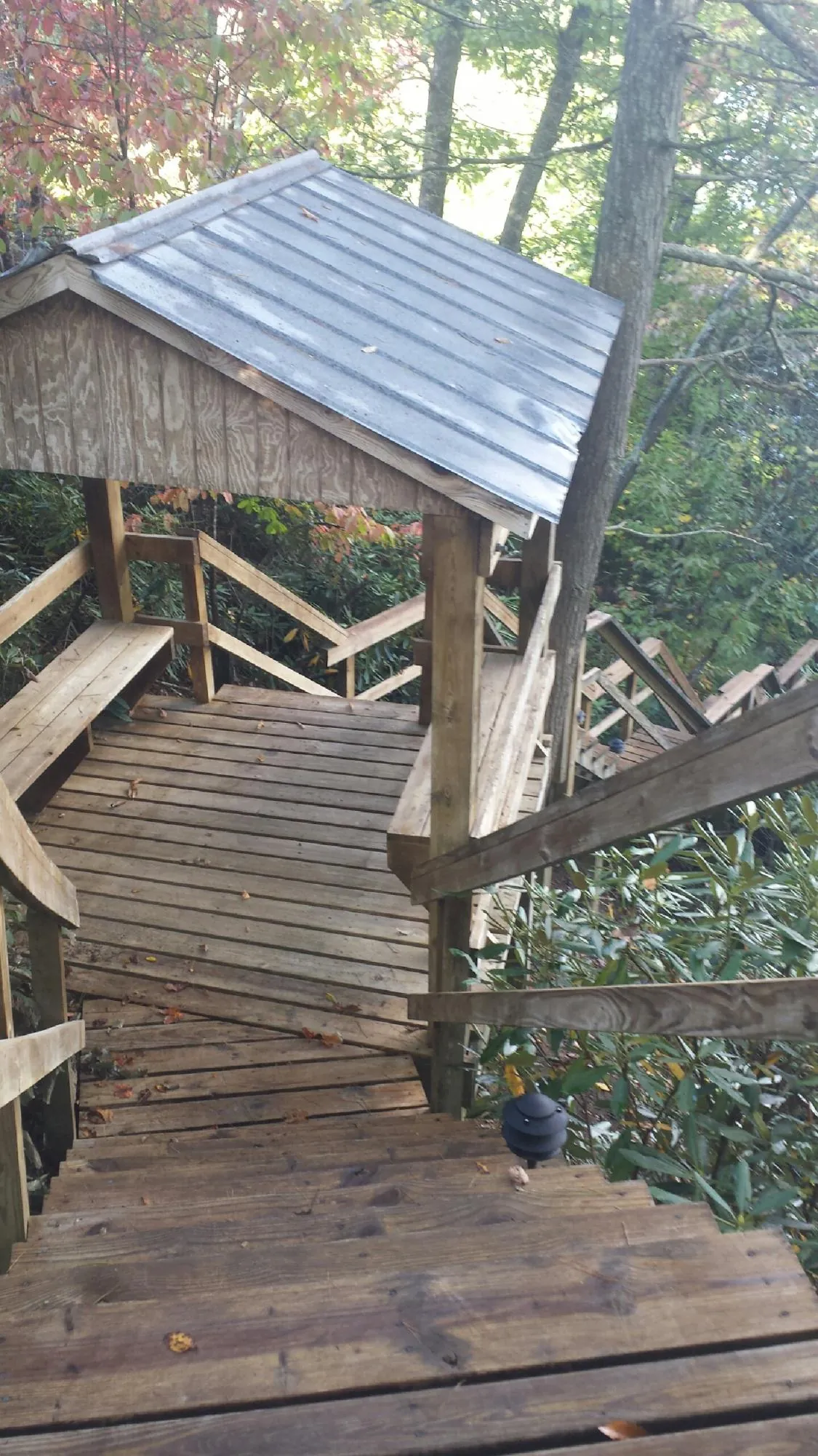 Metal roofed shelter over wooden steps on a wooded walkway — Skylight Repair & Installation work by our crew in Pinckneyville